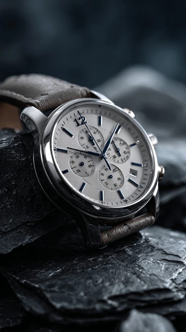 Luxury Silver Chronograph Watch on Dark Stone