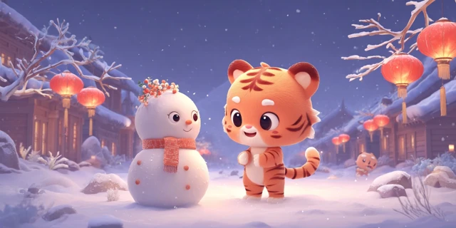 Cute Tiger and Snowman in Winter Wonderland 3D Cartoon