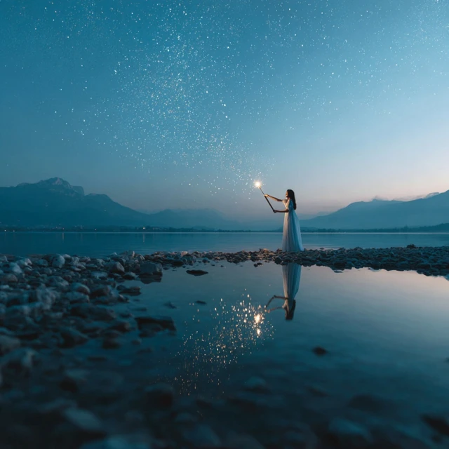 Woman with Wand Shooting Stars Over Lake Photography