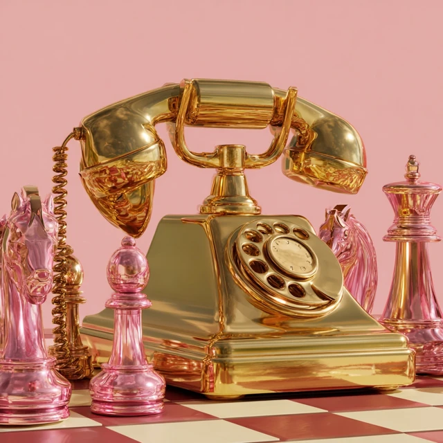 Shiny Gold Telephone and Chess Pieces Graphic