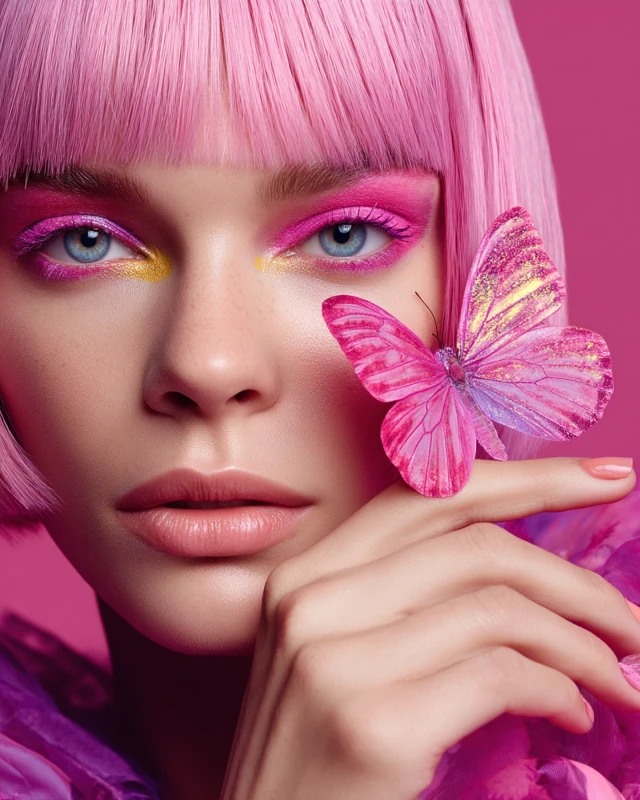 Pink Butterfly and Woman Fashion Photography