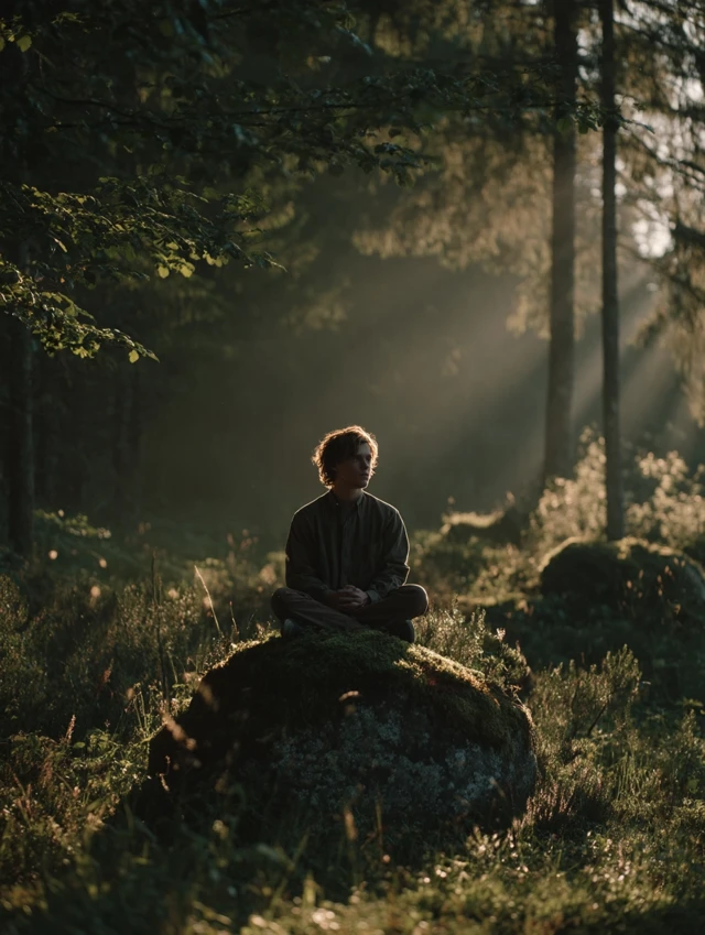 Man Meditating in Forest Clearing: Nature Healing