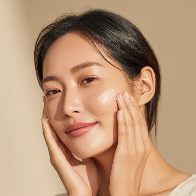 Korean Woman Applying Skincare Cream Fresh Clean Look