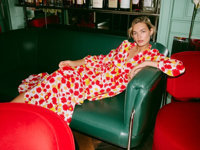 Woman in Floral Dress on Green Sofa