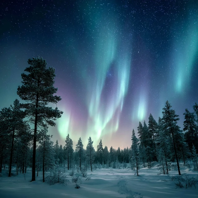 Northern Lights Over Snowy Forest
