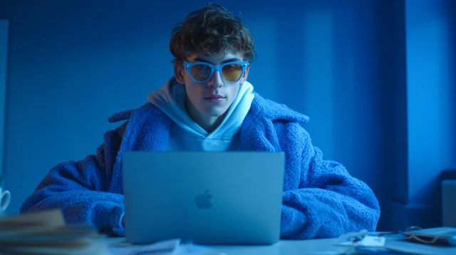 Gen Z in Oversized Blue Outfit with MacBook in Office