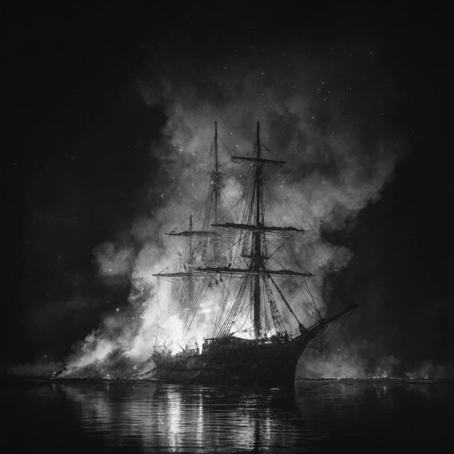 Burning Ship Black and White Illustration