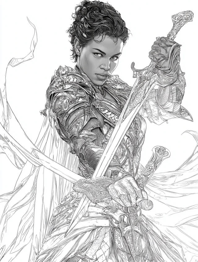 Black Female Warrior with Dual Swords Line Art