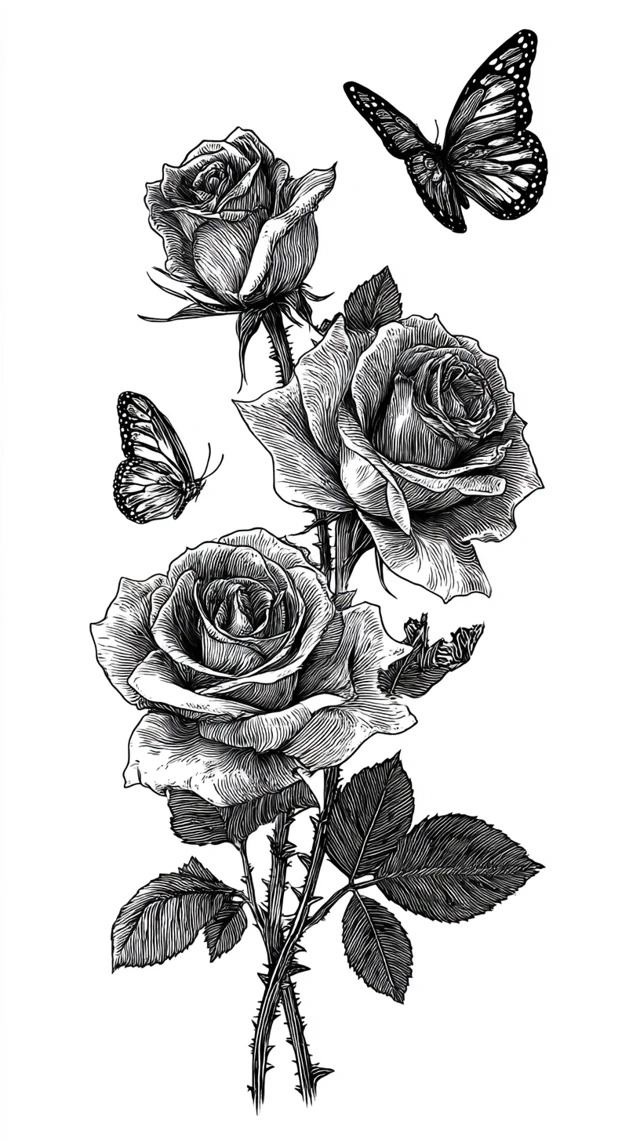 Elegant Roses and Butterflies Black Ink Illustration