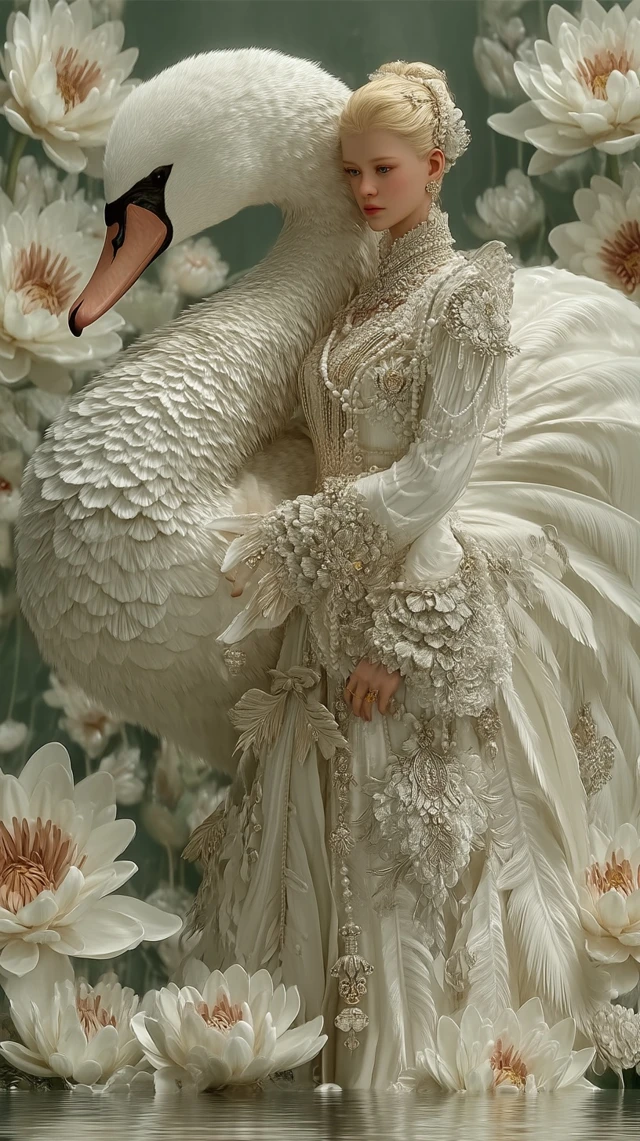 Dreamy Woman and Swan Portrait Elegant Divine