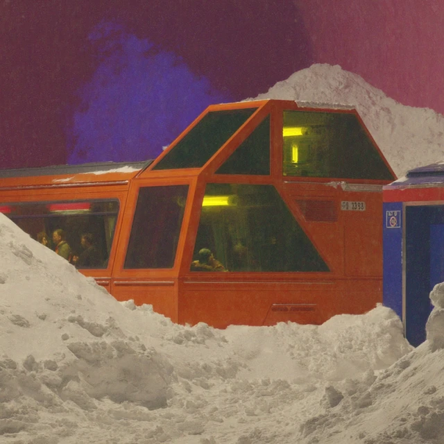 Derelict Futuristic Train Stranded in Snow