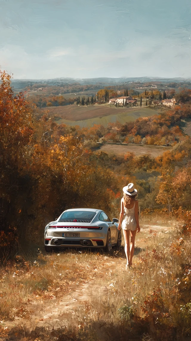 Tuscan Autumn Scene: Woman, Porsche, and Beautiful Landscape
