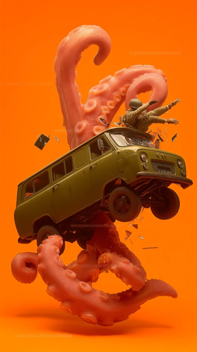 Giant Tentacle Attacks Military Van - Surreal Action Poster
