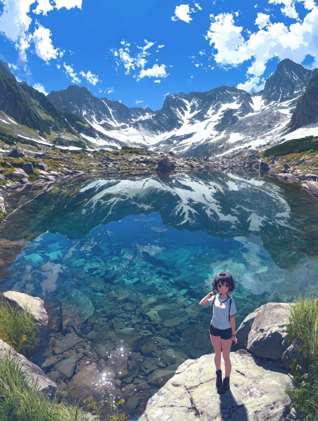 Anime Girl at Alpine Lake Scenic View