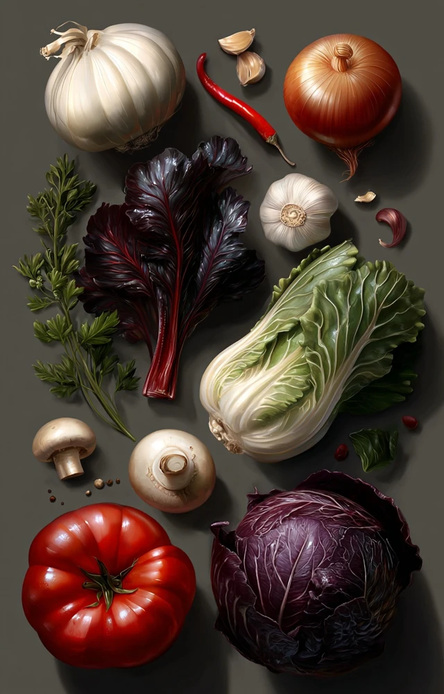 Realistic Vegetable Still Life on Grey Background