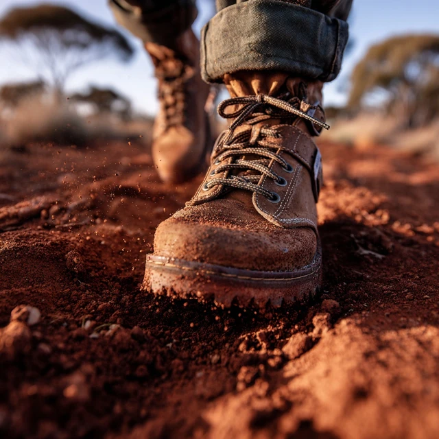 Australian Boots Walking on Red Dirt Road