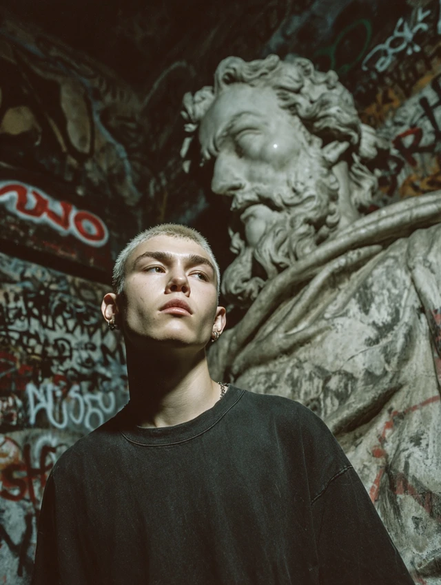 Goth Model Buzzcut Graffiti Statue Photography