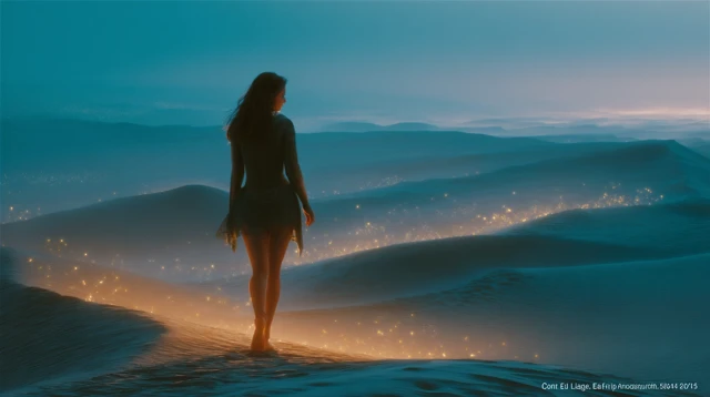 Woman Walking in Dunes with Glowing Sparks at Dusk
