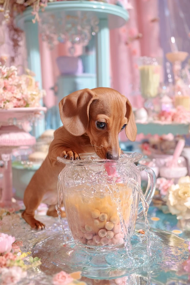 Cute Dachshund in Milk Tea Vintage Pastel Scene