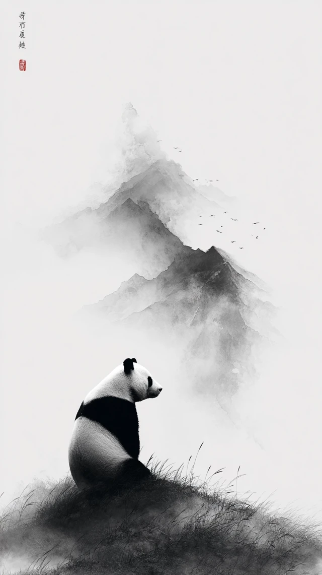 Zen Panda Ink Wash Painting Misty Mountains