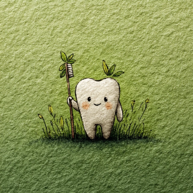Cute Cartoon Tooth with Toothbrush in Meadow