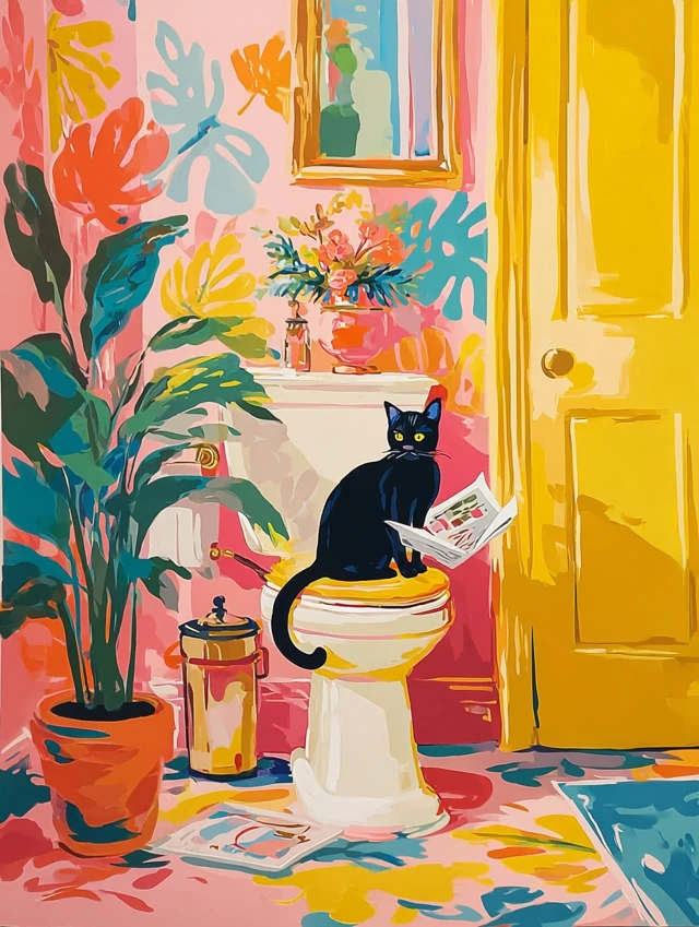 Black Cat Reading Newspaper in Bathroom Art