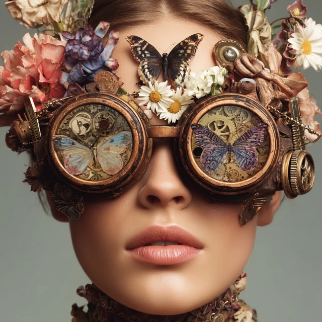 Steampunk Woman with Butterflies and Flowers