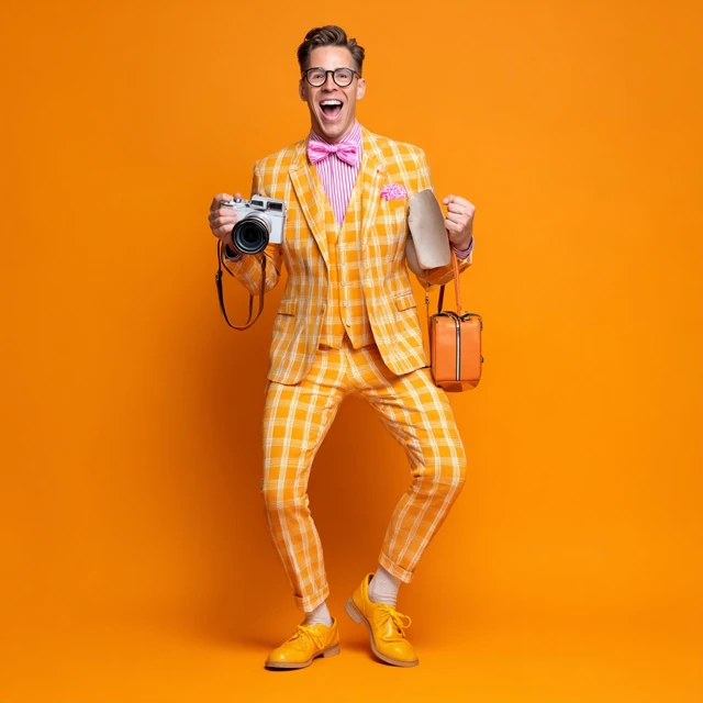 Cheerful Blogger in Bright Suit with Camera