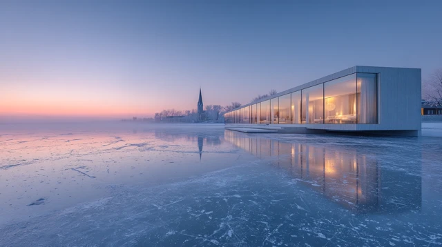 Modern Villa on Frozen Lake at Dawn