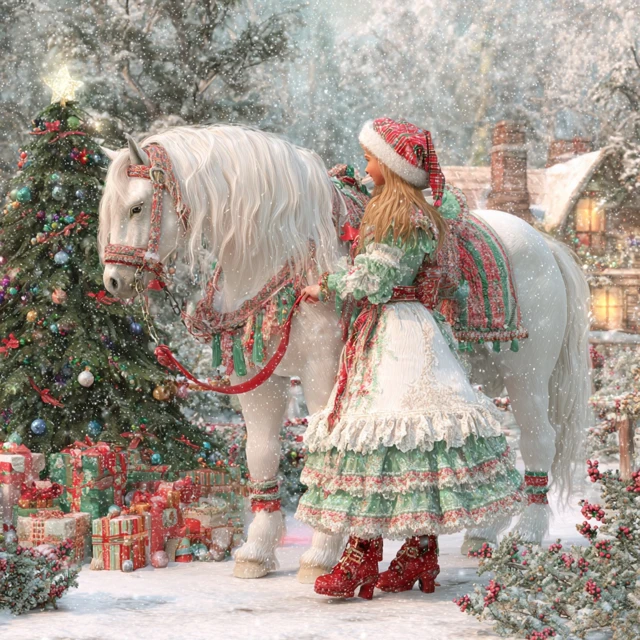 Christmas Countryside Scene Girl and White Horse