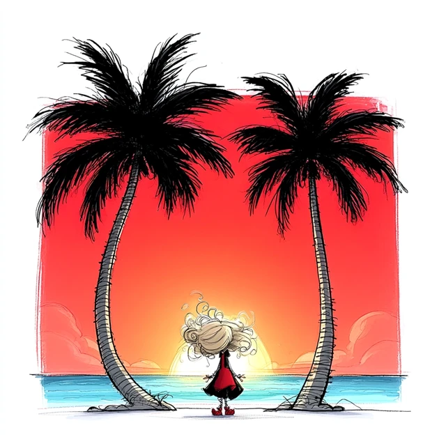 Sunset Beach Scene with Palm Trees and a Girl