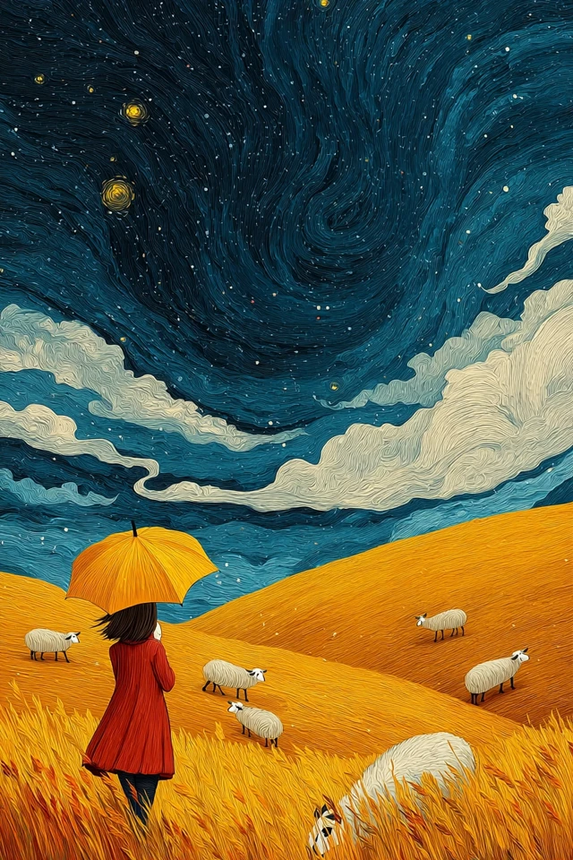 Van Gogh Inspired Girl with Umbrella and Sheep
