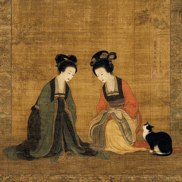Chinese Painting Women and Cat