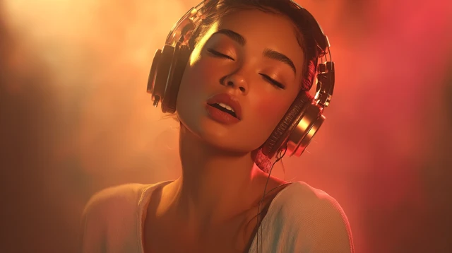 Beautiful Girl with Headphones Listening to Music