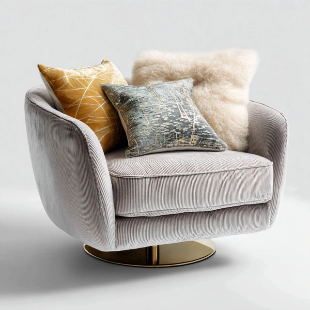 Upholstered Armchair with Swivel Base and Fluffy Cushions