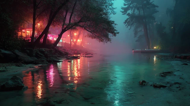 Night Beach Scene Cinematic Lights Reflections