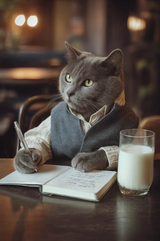 Humanised Cat Taking Notes in Cafe