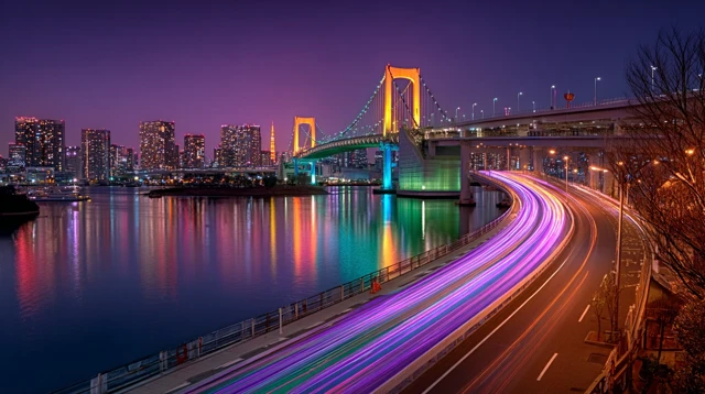 Tokyo Highway Night Rainbow Bridge Glowing