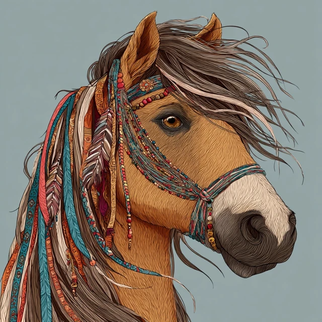 Boho Horse Hippie Pony Tan with Ribbons Beads