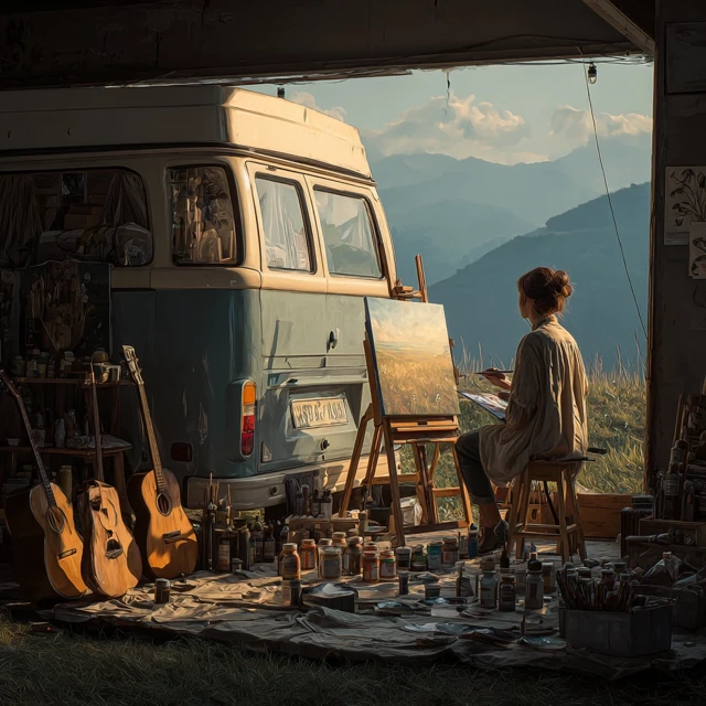 Artist Painting Outdoors in a Vintage Van