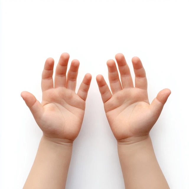 Childs Hands Top View on White Background