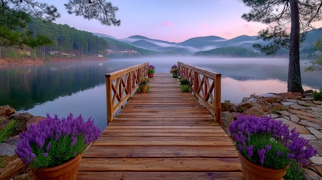 Serene Dawn Landscape Floating Dock and Misty Lake