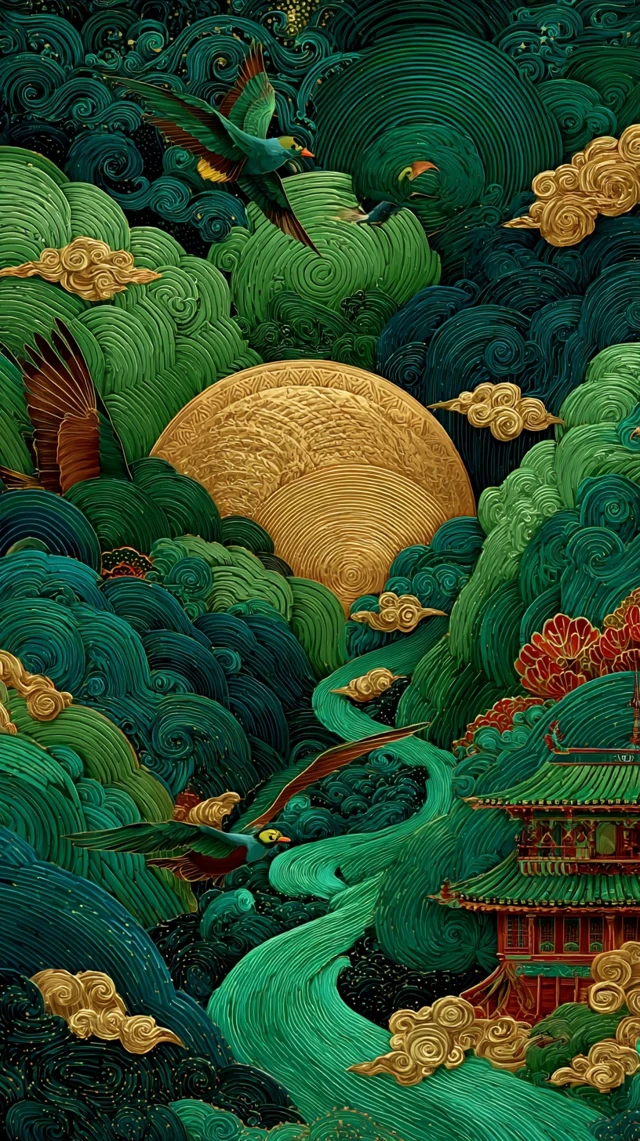 Chinese Art Dunhuang Style Green Gold Patterns