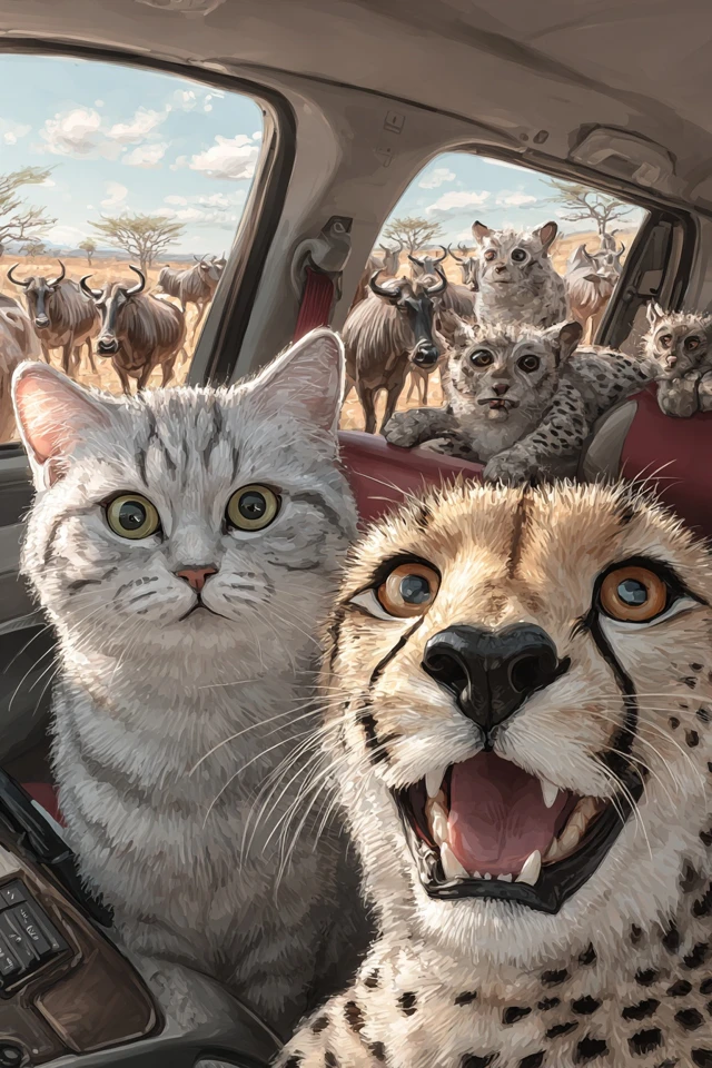 Cat and Cheetah Selfie in Africa