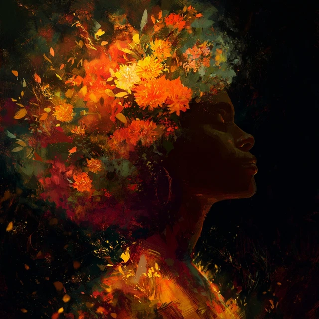 Young Black Girl with Flowers Blooming from Hair