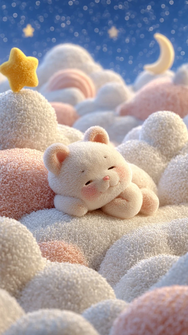 Cute Bear Sleeping on Clouds Space Cartoon