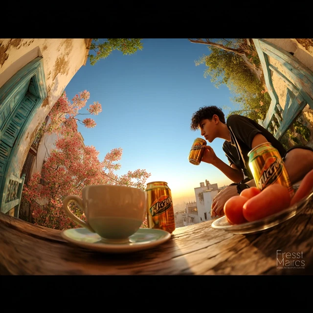 Sunset Balcony Scene: Young Men Relaxing with Drinks