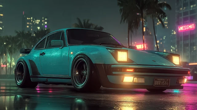 Retro Futuristic Car on Neon Lit Road