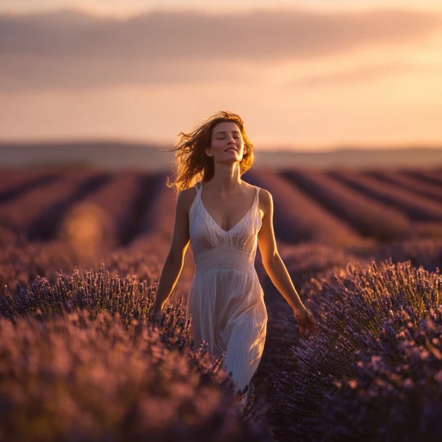 Woman in Lavender Field at Sunrise Photography