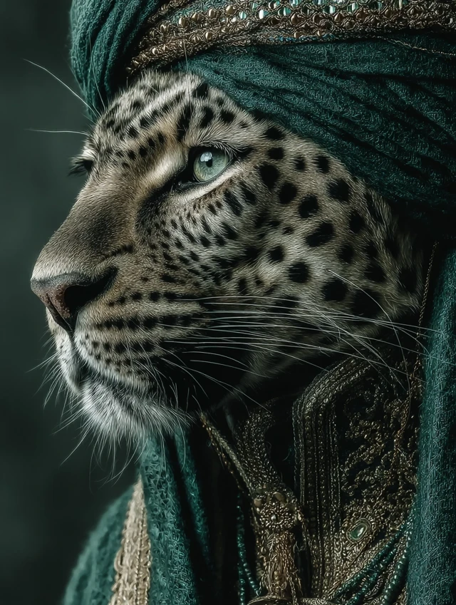 Jaguar Portrait in Green Cloak and Turban